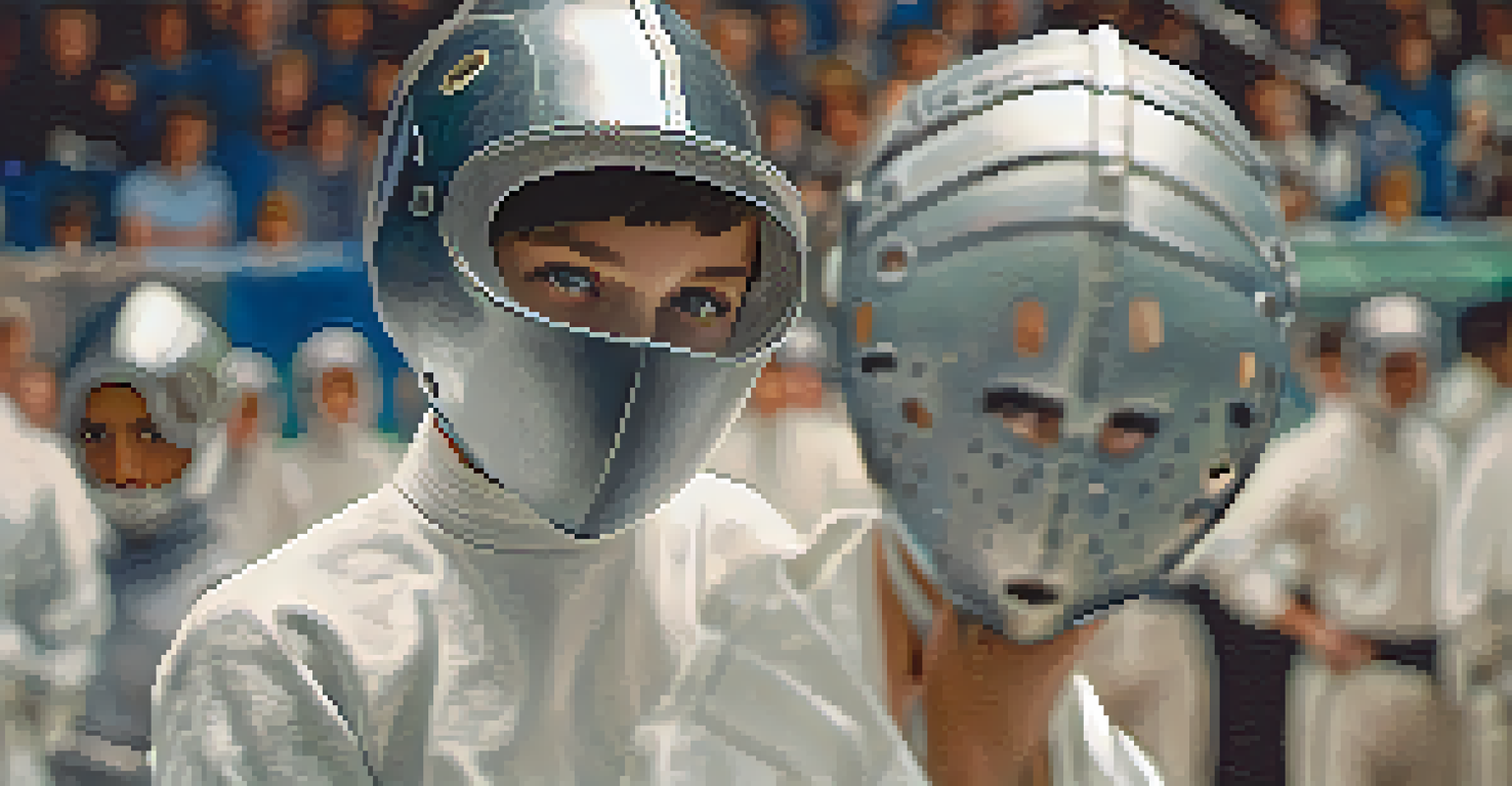 A young fencer adjusting their mask with determination, focused before a match.
