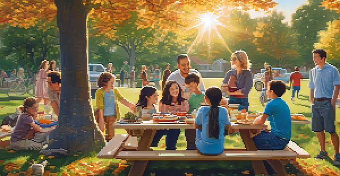 A family reunion in a park with various family members enjoying a picnic under sunlight and autumn trees.