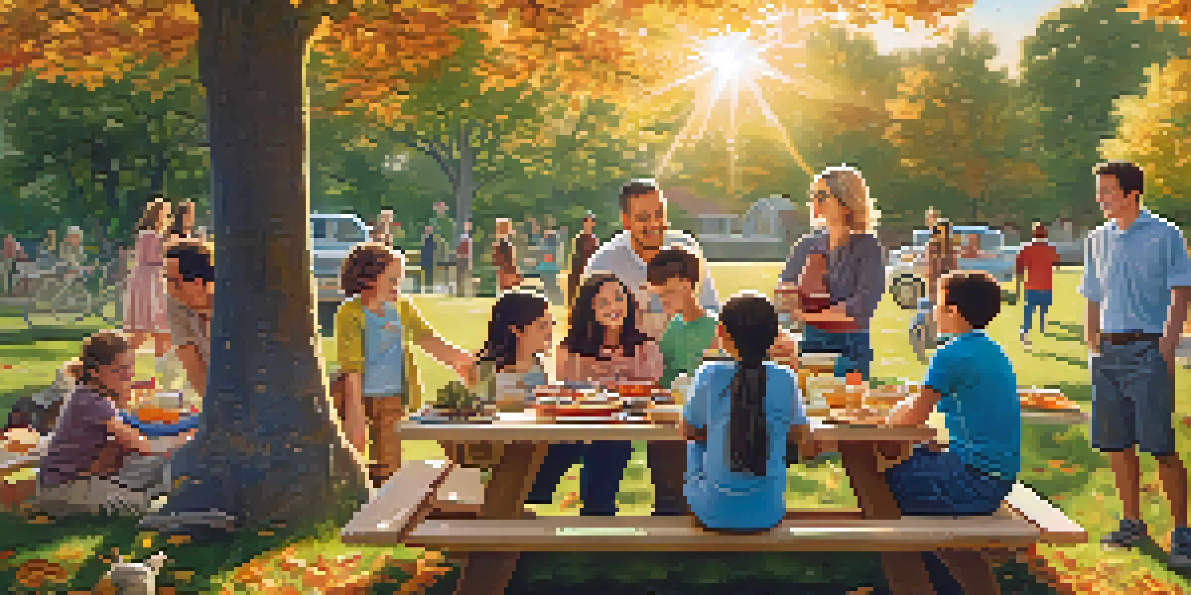 A family reunion in a park with various family members enjoying a picnic under sunlight and autumn trees.