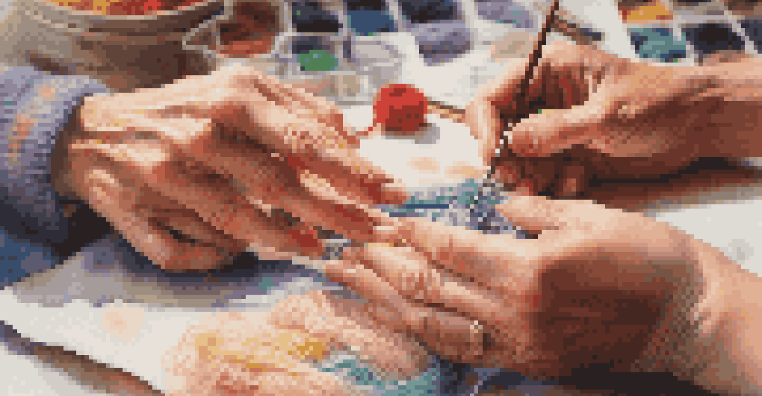 Close-up of hands demonstrating a knitting technique in a warm, inviting workspace with colorful yarn.