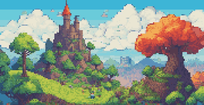 A pixelated hero on a hill looking at a castle in a colorful 8-bit landscape.