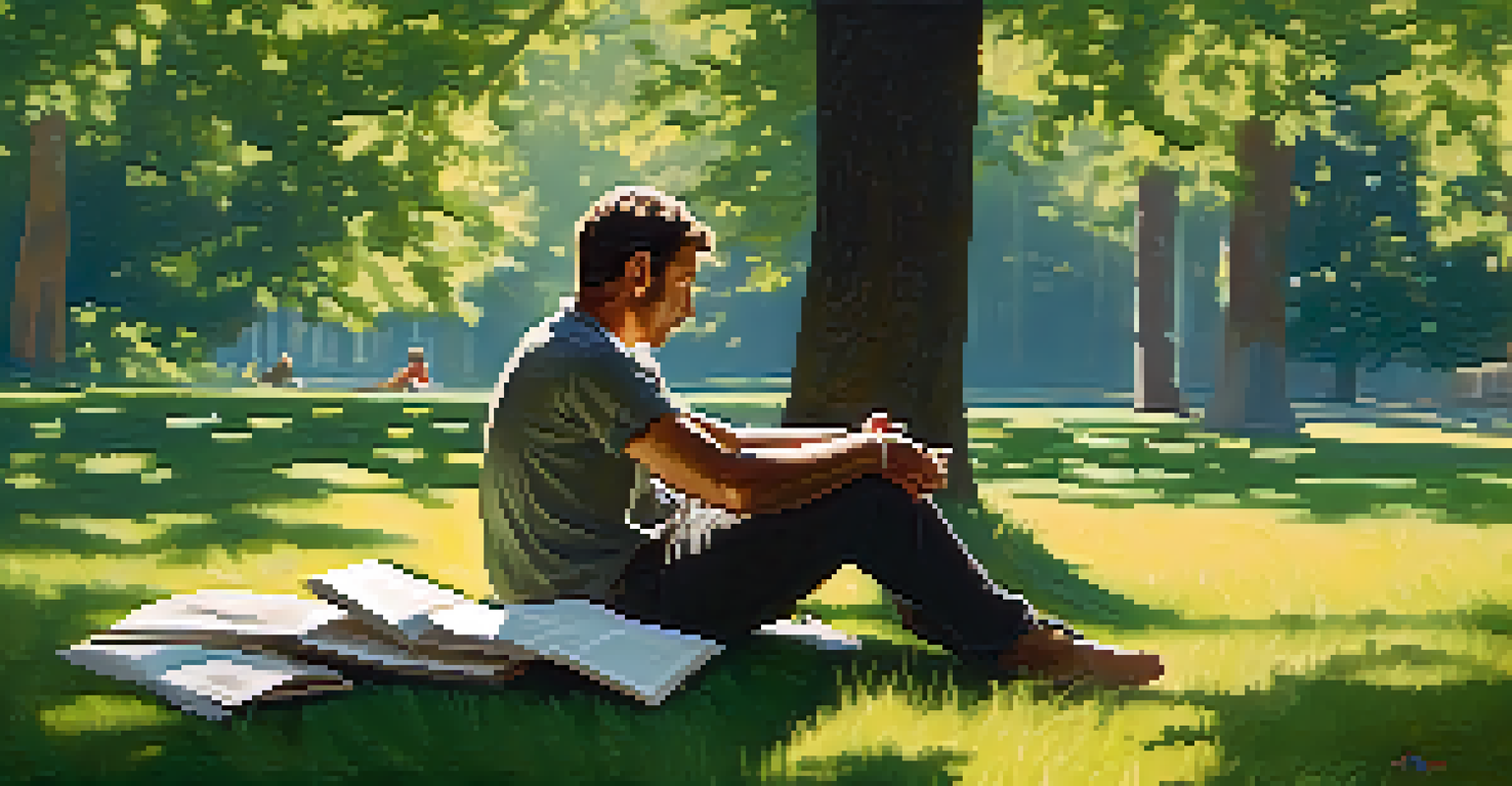 A solitary writer in a sunlit park, reflecting on their memoir with scattered notes and a cup of tea, surrounded by nature.