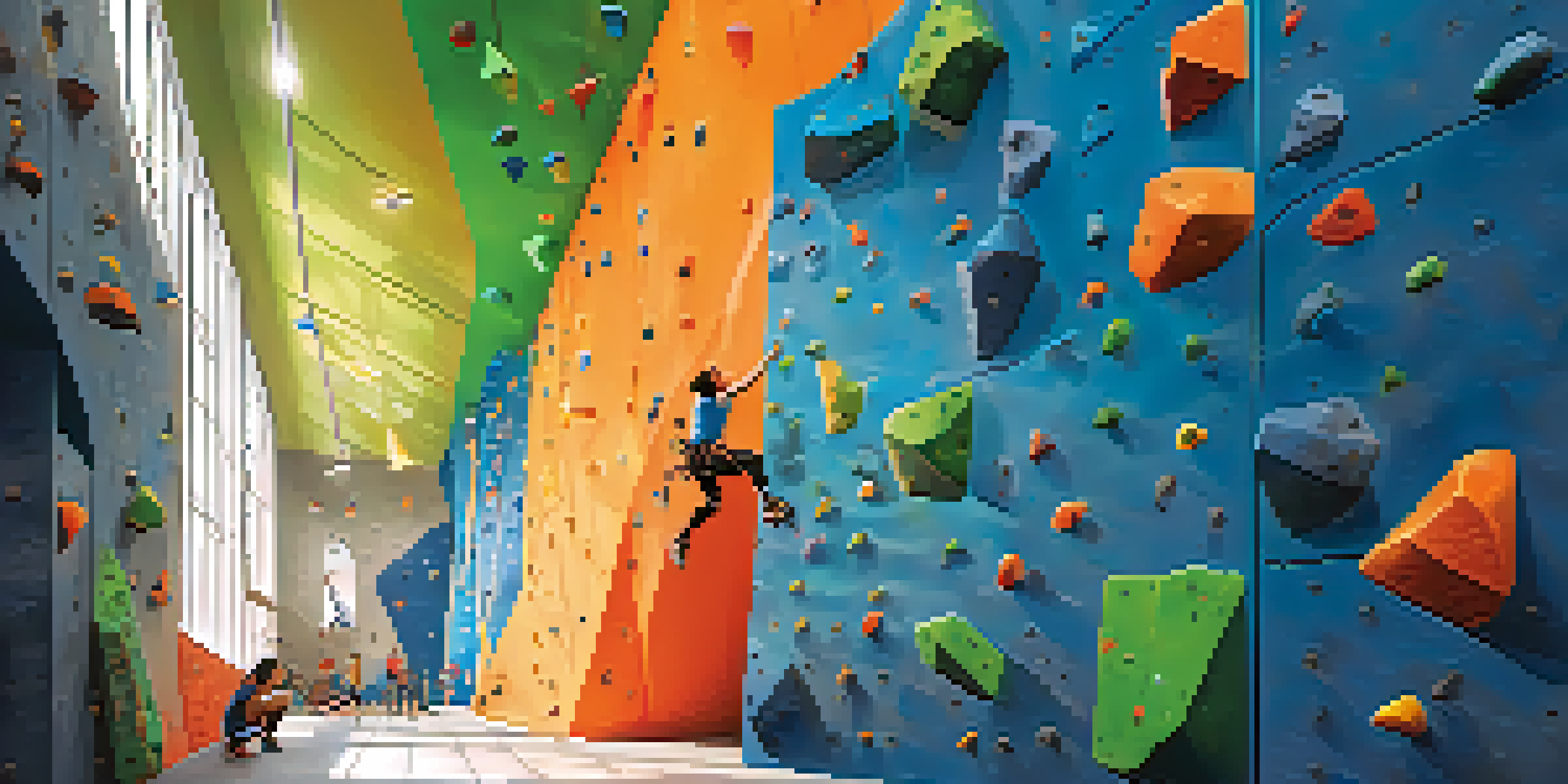An indoor climbing gym filled with climbers of different skill levels on colorful climbing walls, with natural light streaming through windows.