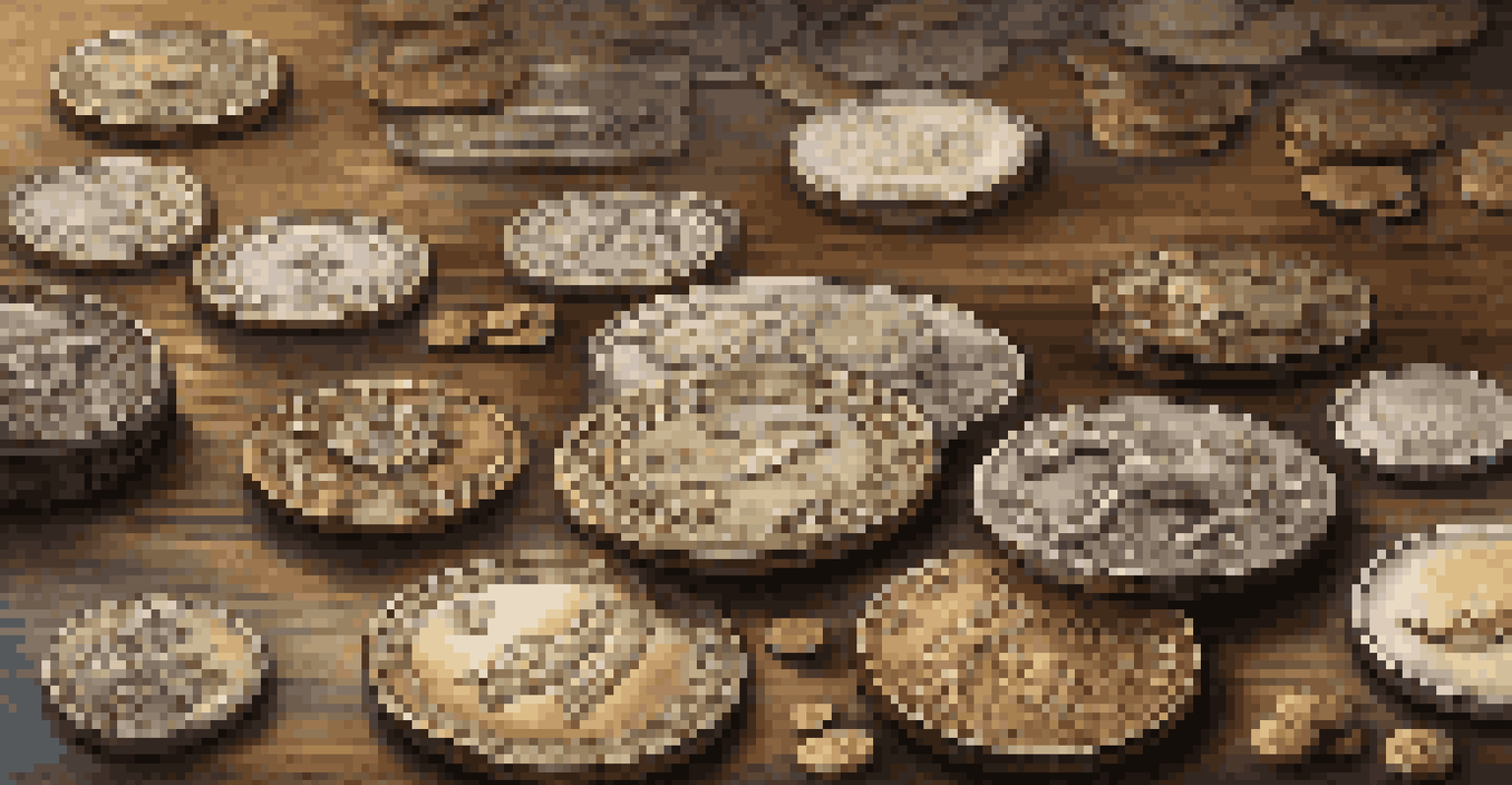 An artistic view of ancient coins with intricate designs scattered on a wooden table, illuminated by soft light.
