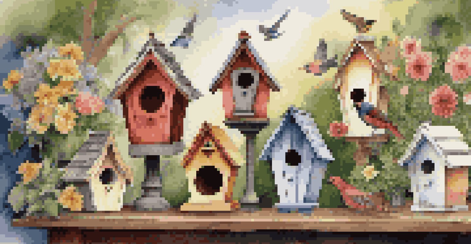 A collection of various colorful birdhouses on a wooden table, with a lush garden in the background, soft evening light emphasizing their unique textures.