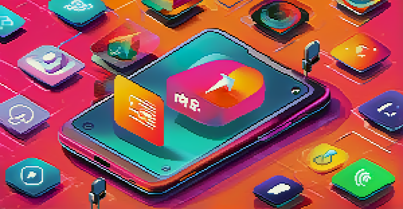 A smartphone displaying a podcast app surrounded by social media icons, representing the sharing of podcast content in a colorful background.