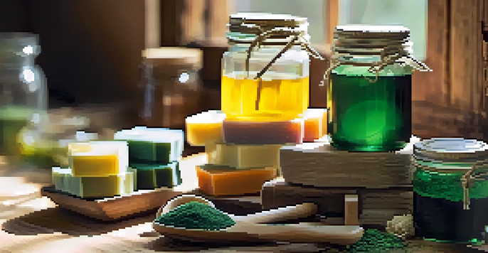A rustic soap-making workspace with natural oils, herbs, and colorful additives under soft sunlight.