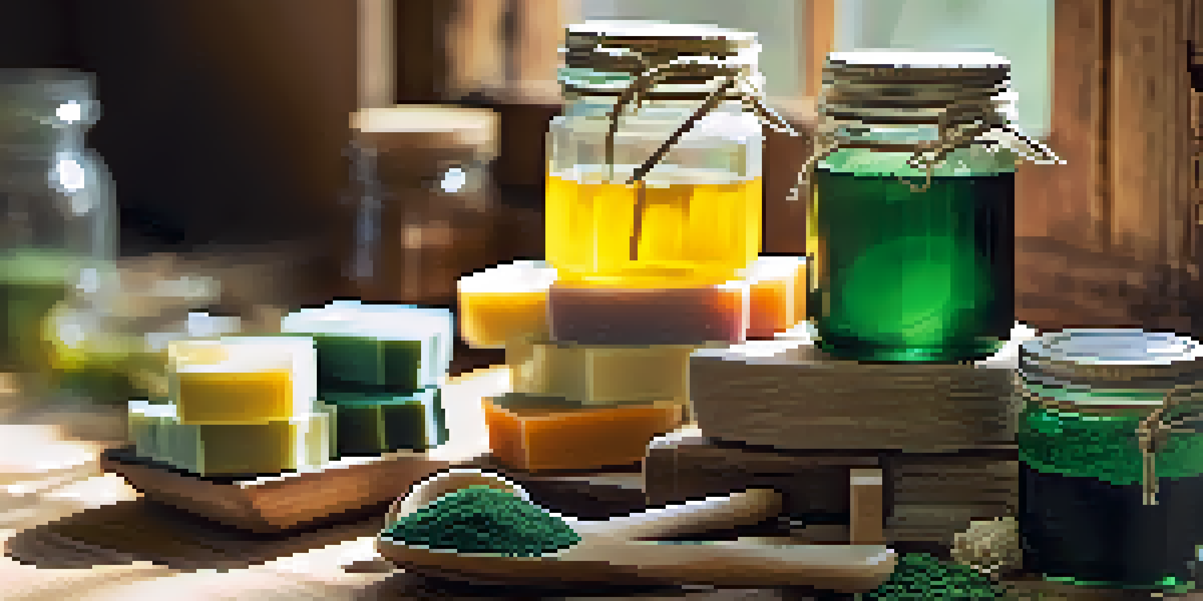 A rustic soap-making workspace with natural oils, herbs, and colorful additives under soft sunlight.