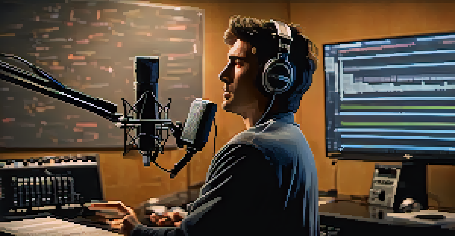 A voice actor in a sound studio, performing into a microphone with a focused expression, surrounded by scripts.
