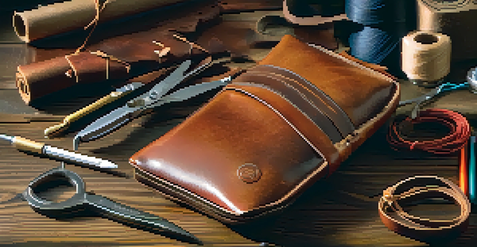 A leather pouch on a wooden table with crafting tools around it, showcasing its texture and stitching in soft light.