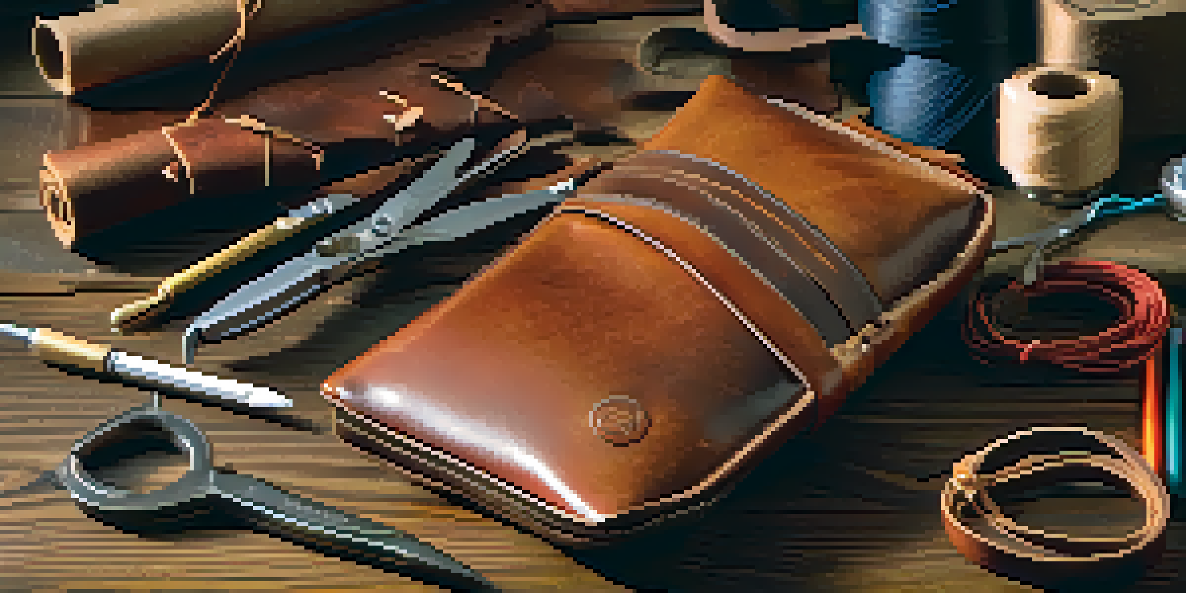 A leather pouch on a wooden table with crafting tools around it, showcasing its texture and stitching in soft light.