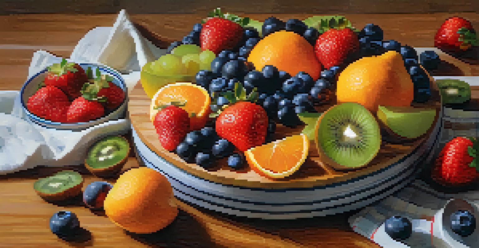 An arrangement of seasonal fruits including strawberries, blueberries, kiwi, and oranges on a wooden cutting board with a bowl of honey in the center.