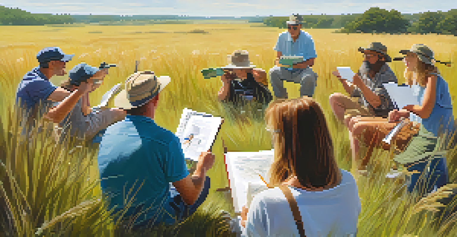 A group of birdwatchers in nature, excitedly observing a rare bird together.