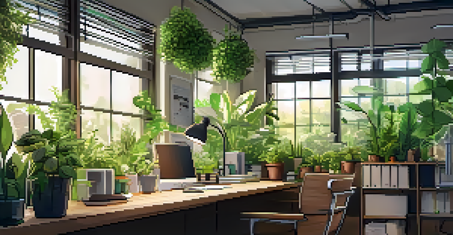 A desk filled with sustainable office supplies and indoor plants, highlighting an eco-friendly workspace.