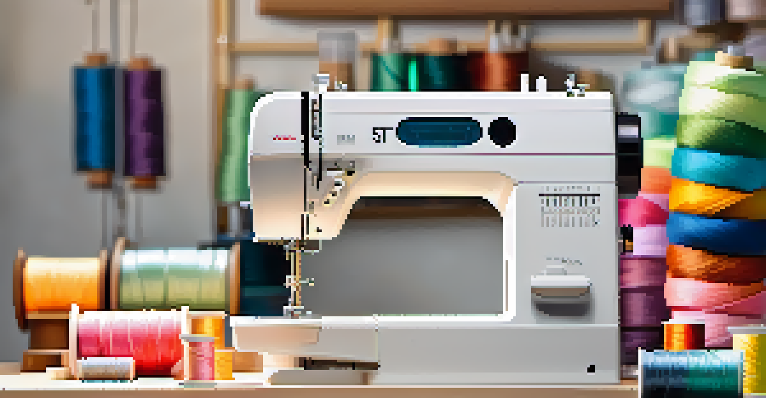 A sewing machine in action, stitching a pastel-colored quilt in a bright and organized workspace filled with quilting supplies.