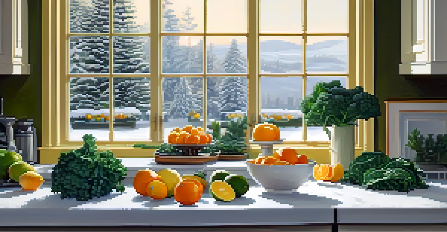 A winter kitchen counter with kale, collard greens, and citrus fruits, with a snowy landscape visible through the window.