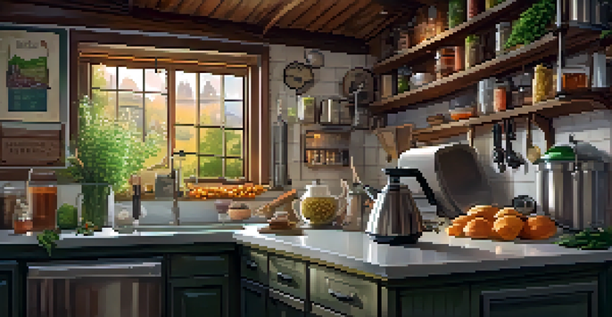 A home brewing setup with a kettle on the stove and ingredients on the counter, illuminated by warm kitchen lighting.
