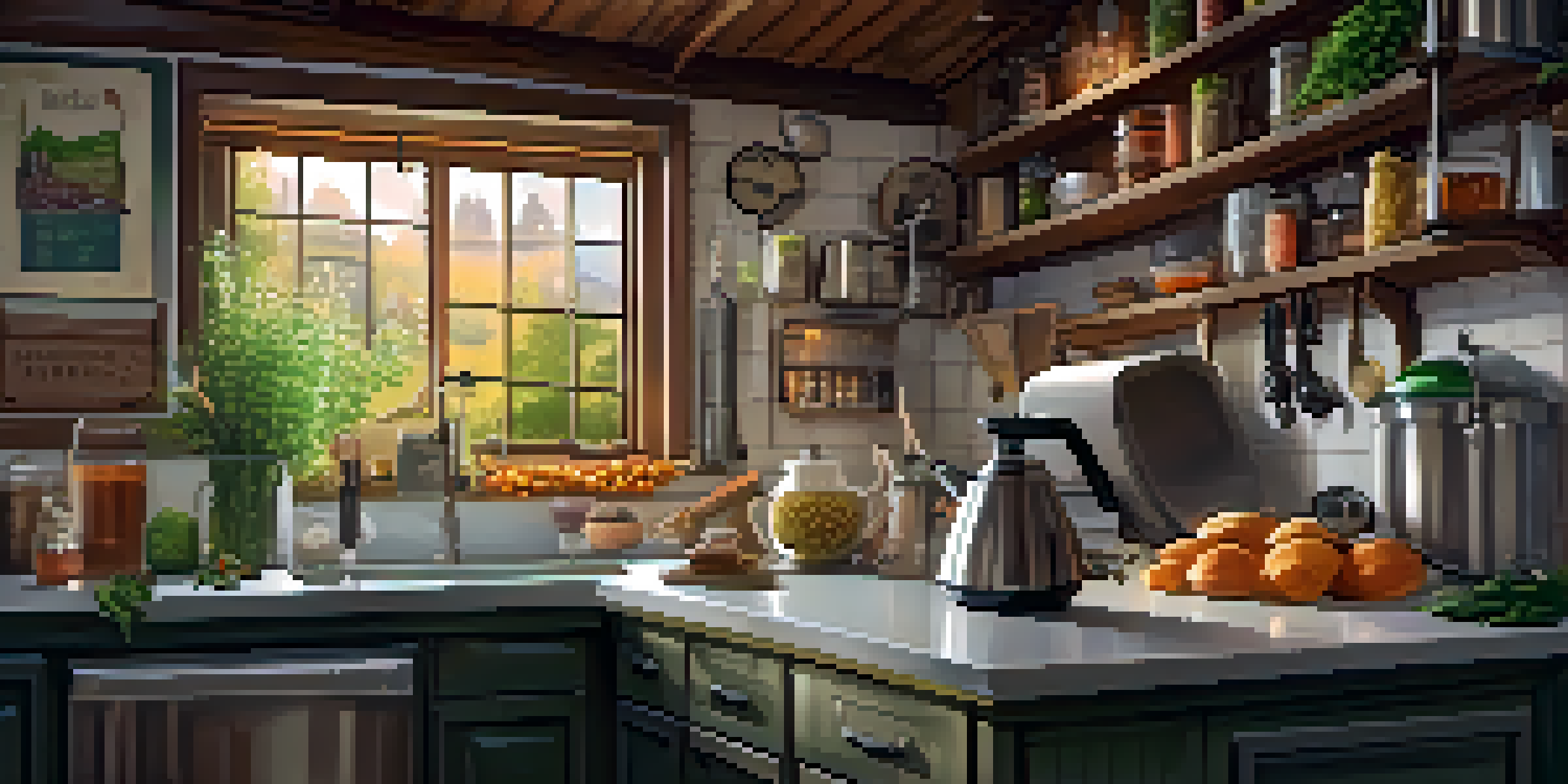 A home brewing setup with a kettle on the stove and ingredients on the counter, illuminated by warm kitchen lighting.