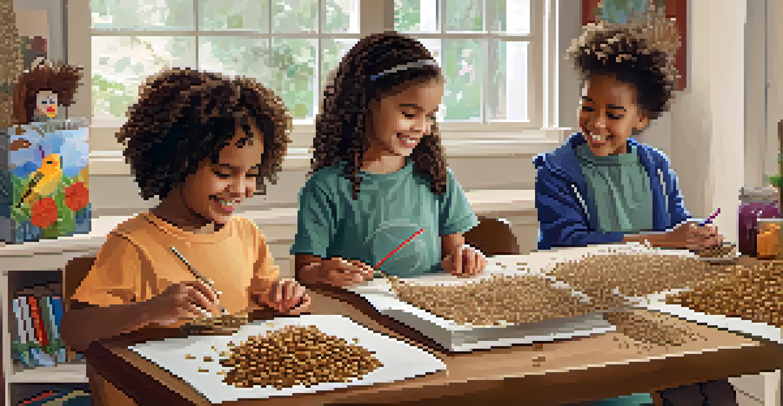 Children crafting homemade bird feeders at a table filled with crafting materials and bird books.