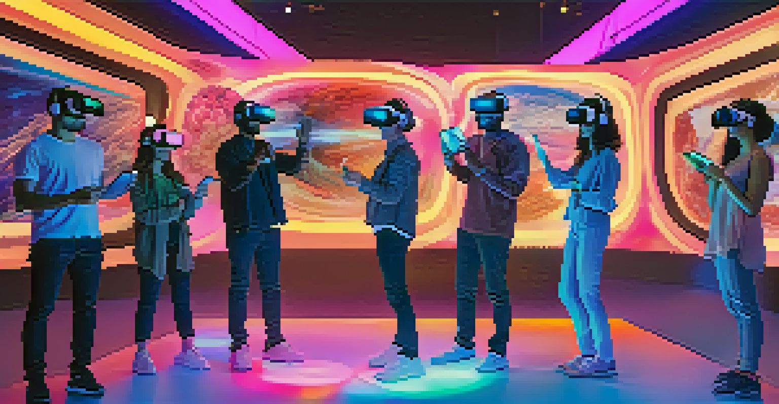 A diverse group of people wearing VR headsets, interacting in a colorful room.