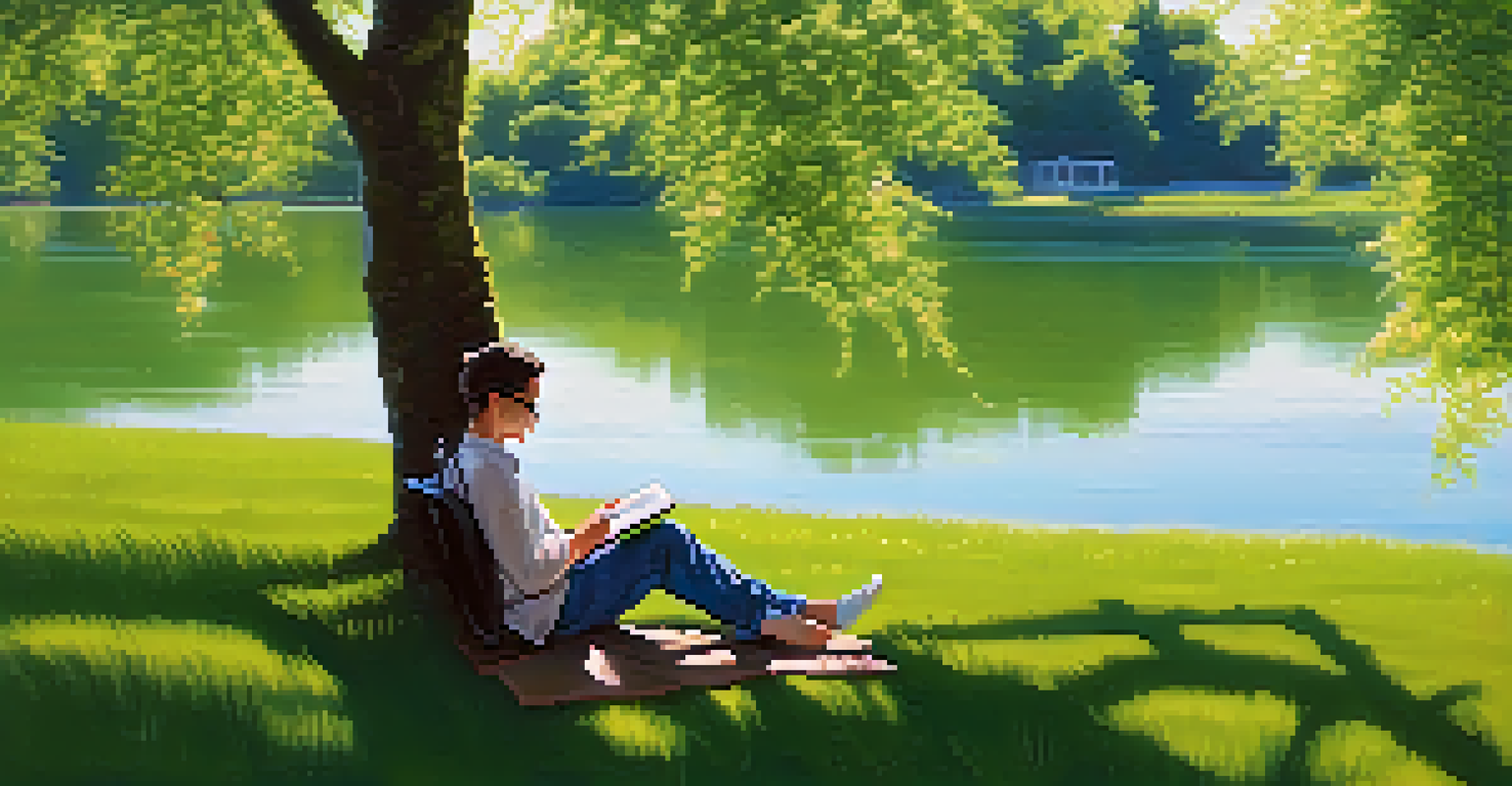 A writer in a park under a tree, wearing headphones and writing in a notebook with a scenic view of nature.