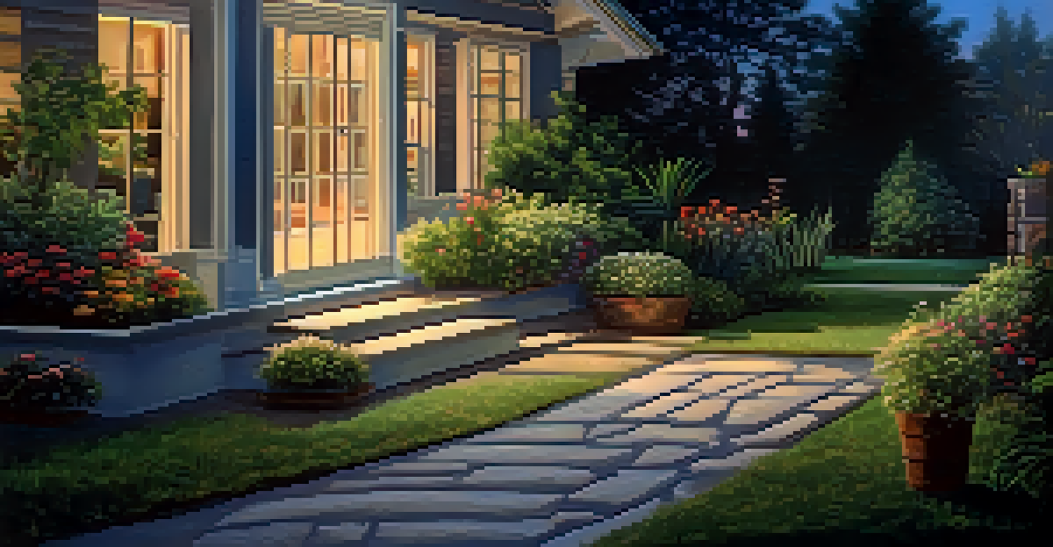 An outdoor view featuring a smart security camera and motion-activated lights in a well-lit garden during twilight.
