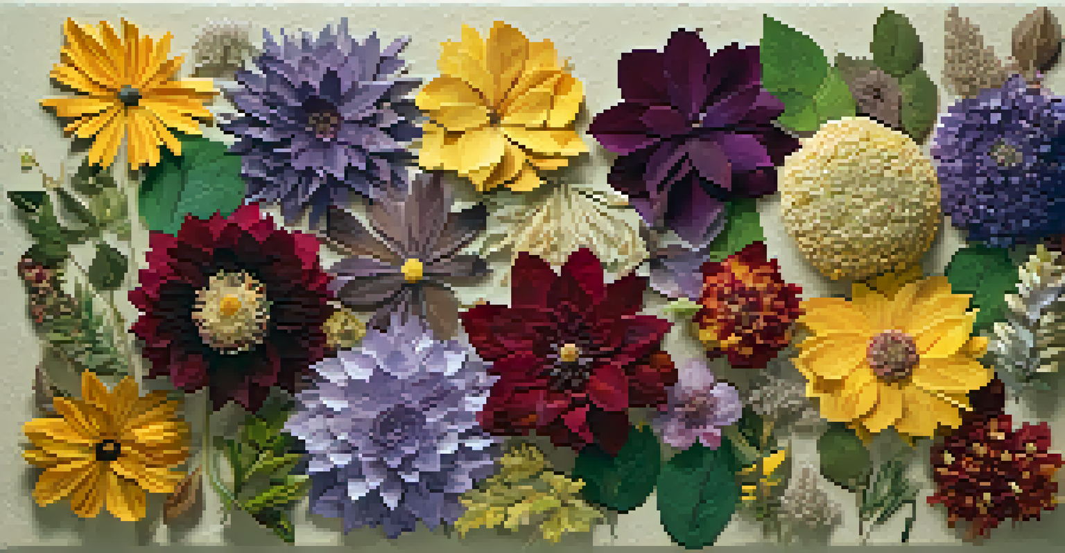 A colorful nature collage made from pressed flowers and leaves on a textured canvas, showcasing various colors and details.