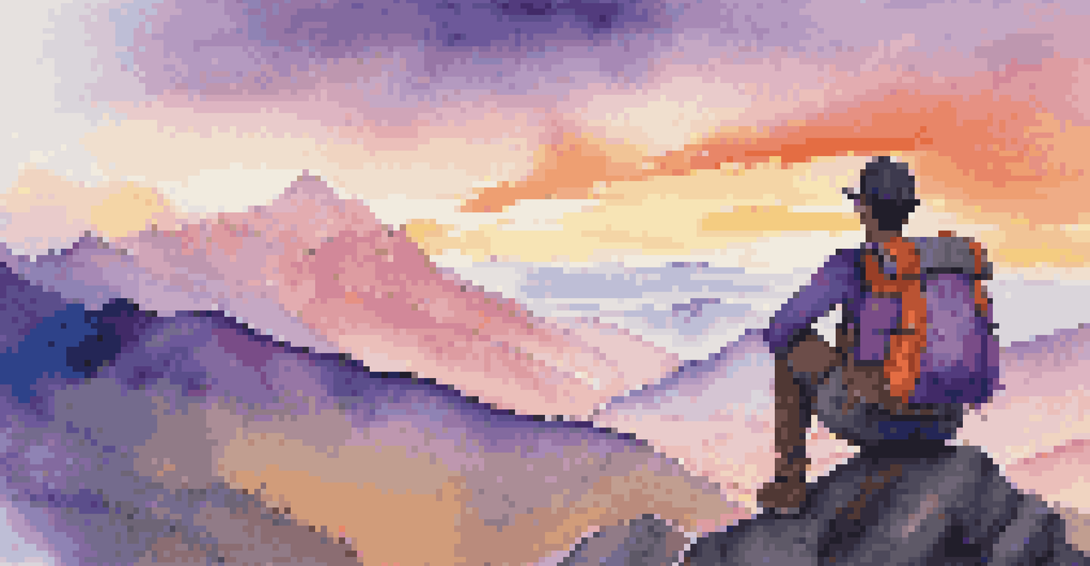 A traveler with a colorful backpack standing on a cliff, overlooking a stunning mountain range at sunset, with a vibrant sky and lush valley below.