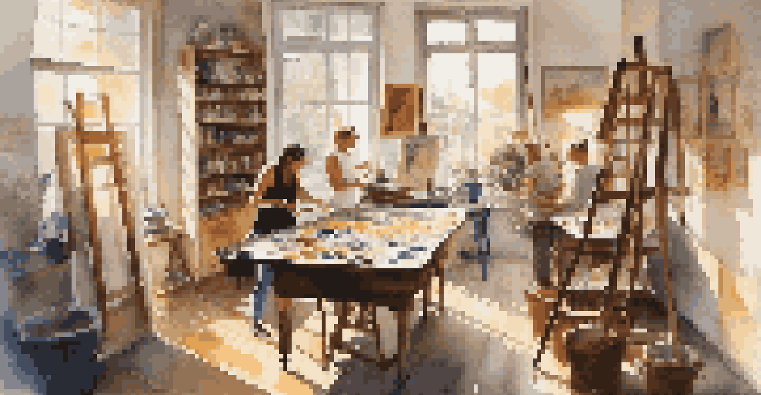 An art studio in Lisbon, Portugal, with local artists creating their crafts, filled with artworks and warm sunlight streaming through the windows.