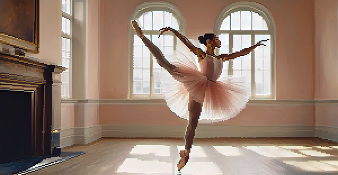 A ballet dancer captured in mid-leap, wearing a flowing costume in a softly lit studio, with pastel colors in the background.