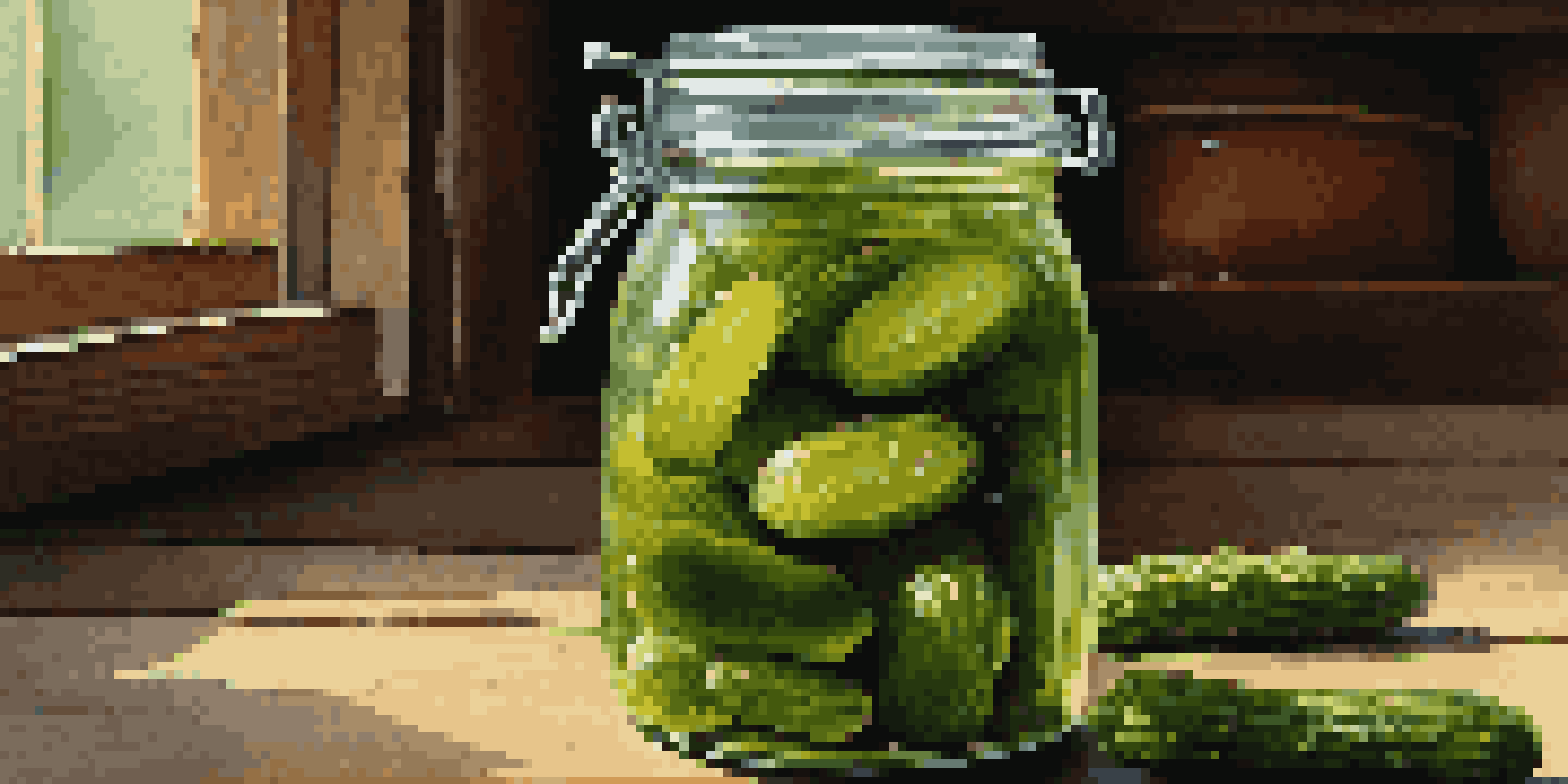A jar of freshly fermented pickles with spices scattered on a wooden table, illuminated by soft natural light.
