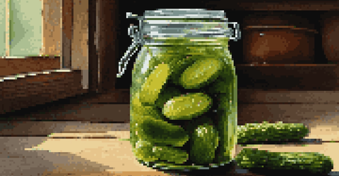 A jar of freshly fermented pickles with spices scattered on a wooden table, illuminated by soft natural light.