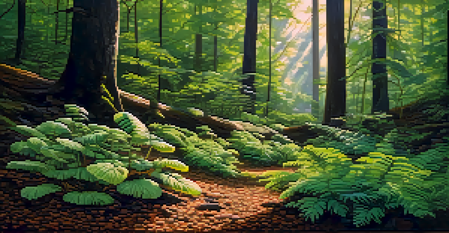 A lush forest scene with vibrant green leaves, sunlight filtering through the trees, and mushrooms on the forest floor.