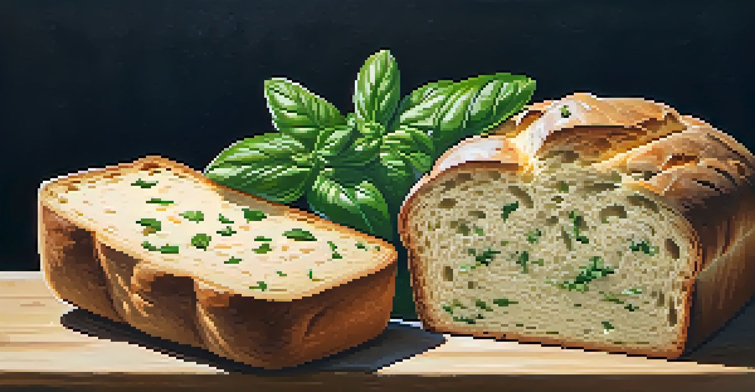 An array of freshly baked herb-infused bread loaves, including basil-infused Italian and herb and cheese bread, displayed on a wooden board.