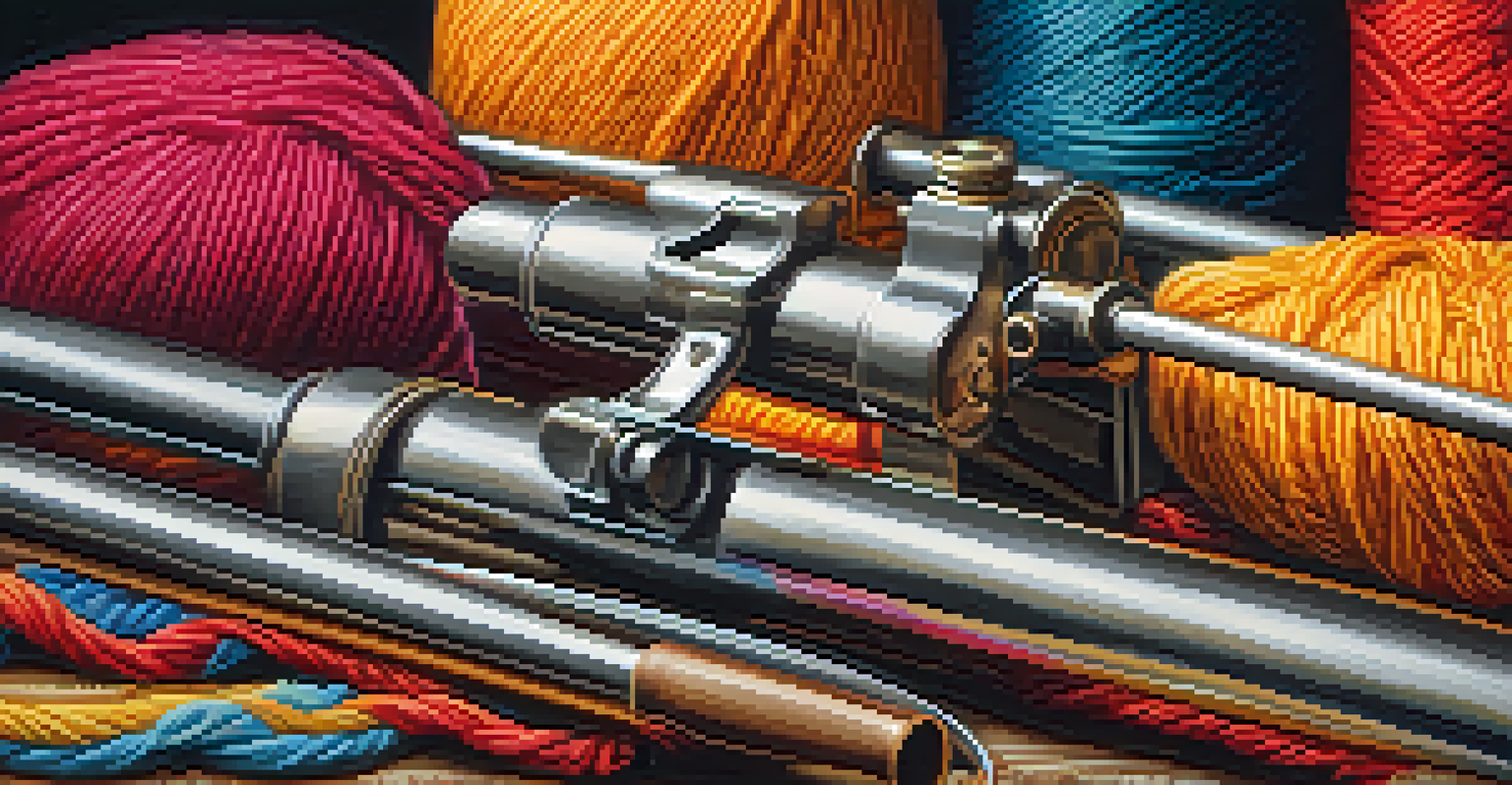 A close-up of a tufting gun creating loops of yarn on fabric, showcasing the craftsmanship involved in tufting.