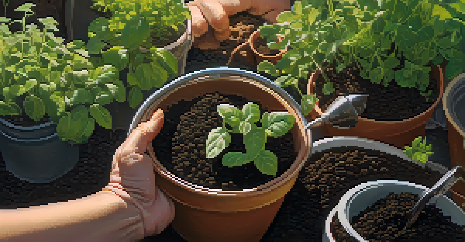 A gardener's hands mixing compost into nutrient-rich soil with thriving herbs in pots around.
