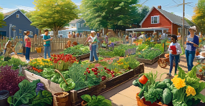 A community garden with residents working together, filled with colorful vegetables and flowers under bright sunlight.