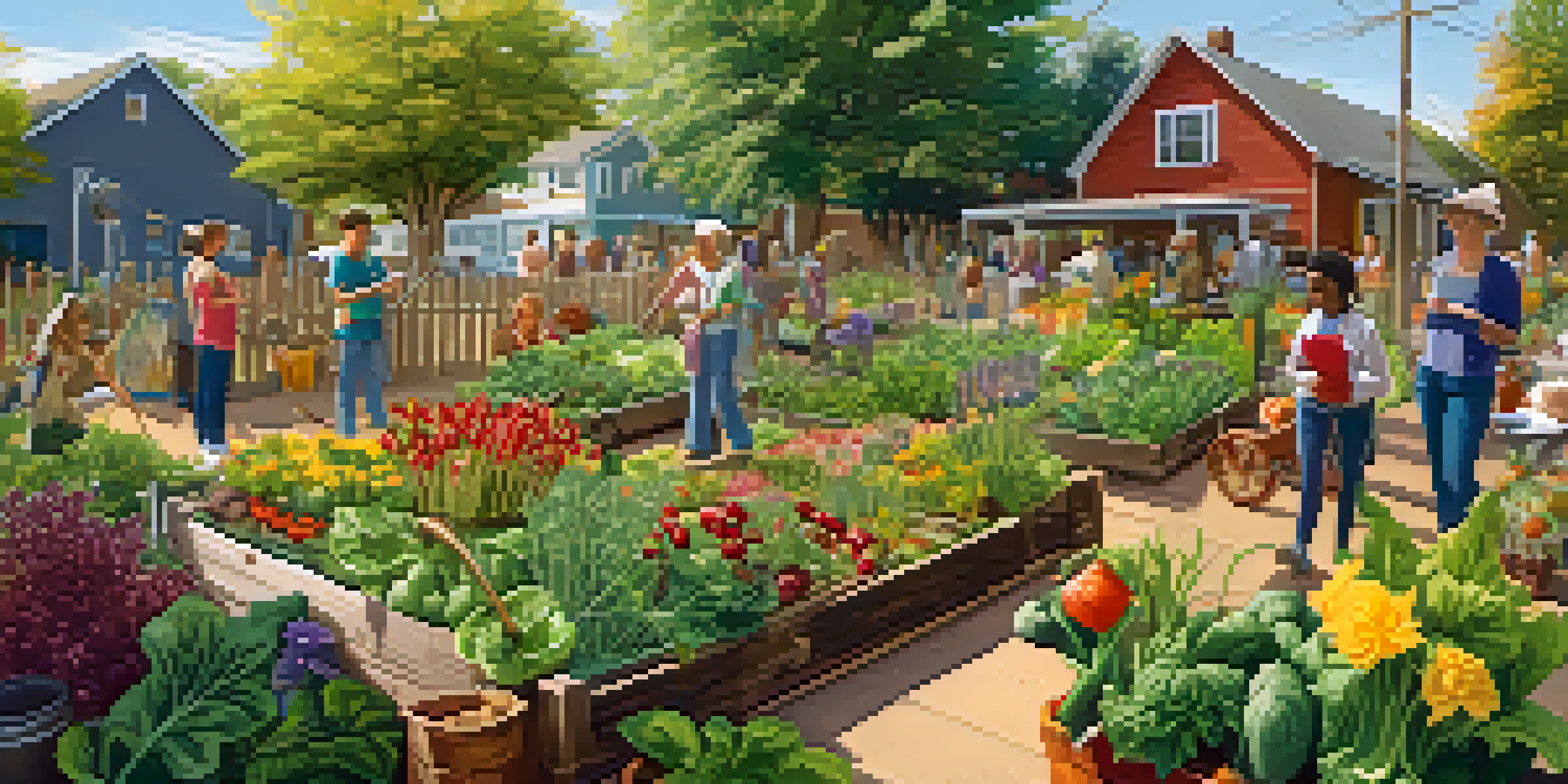A community garden with residents working together, filled with colorful vegetables and flowers under bright sunlight.