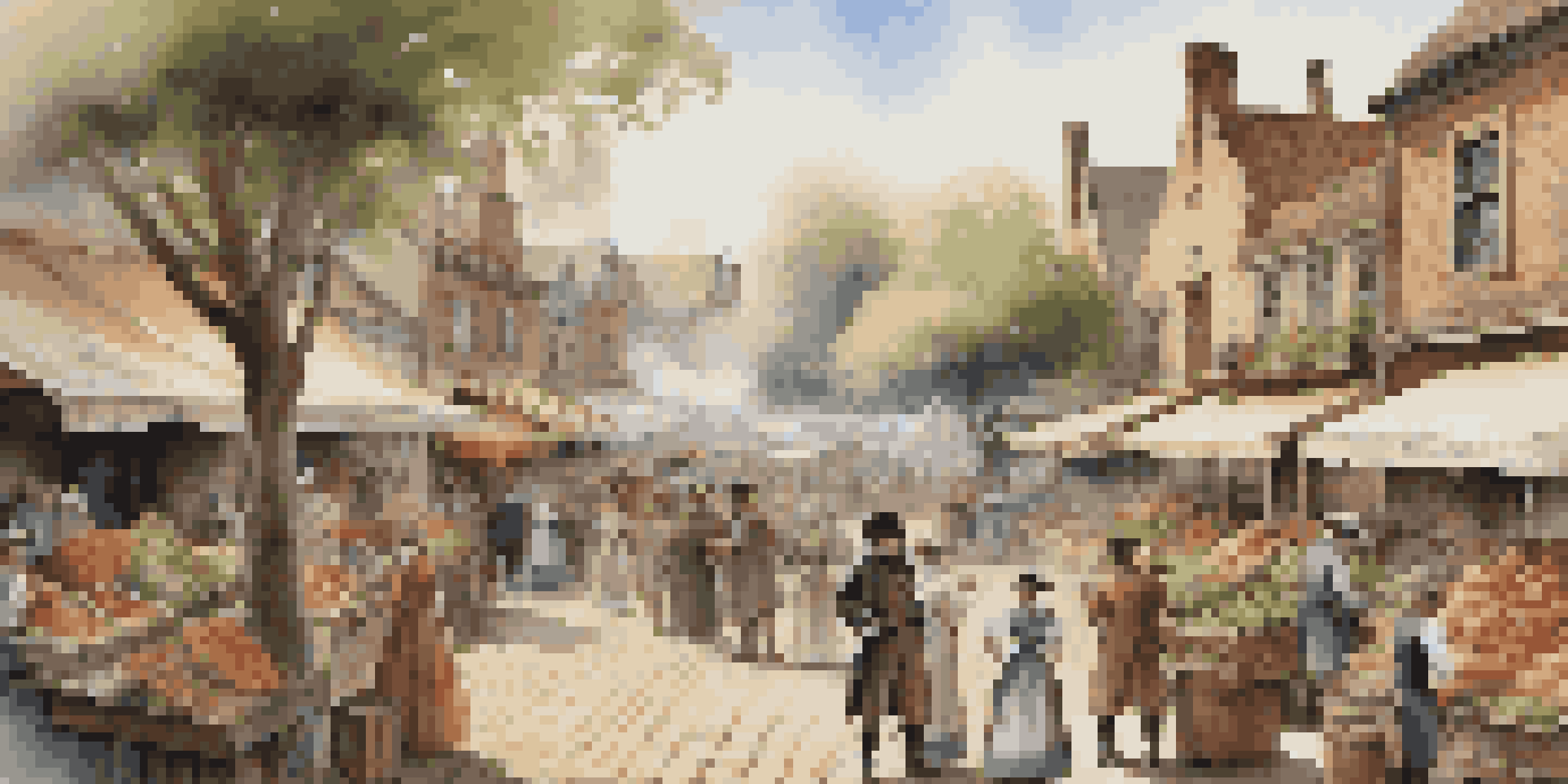 A vibrant 1800s marketplace with vendors, period clothing, and cobblestone streets bathed in warm sunlight.