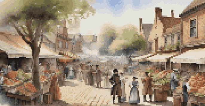 A vibrant 1800s marketplace with vendors, period clothing, and cobblestone streets bathed in warm sunlight.