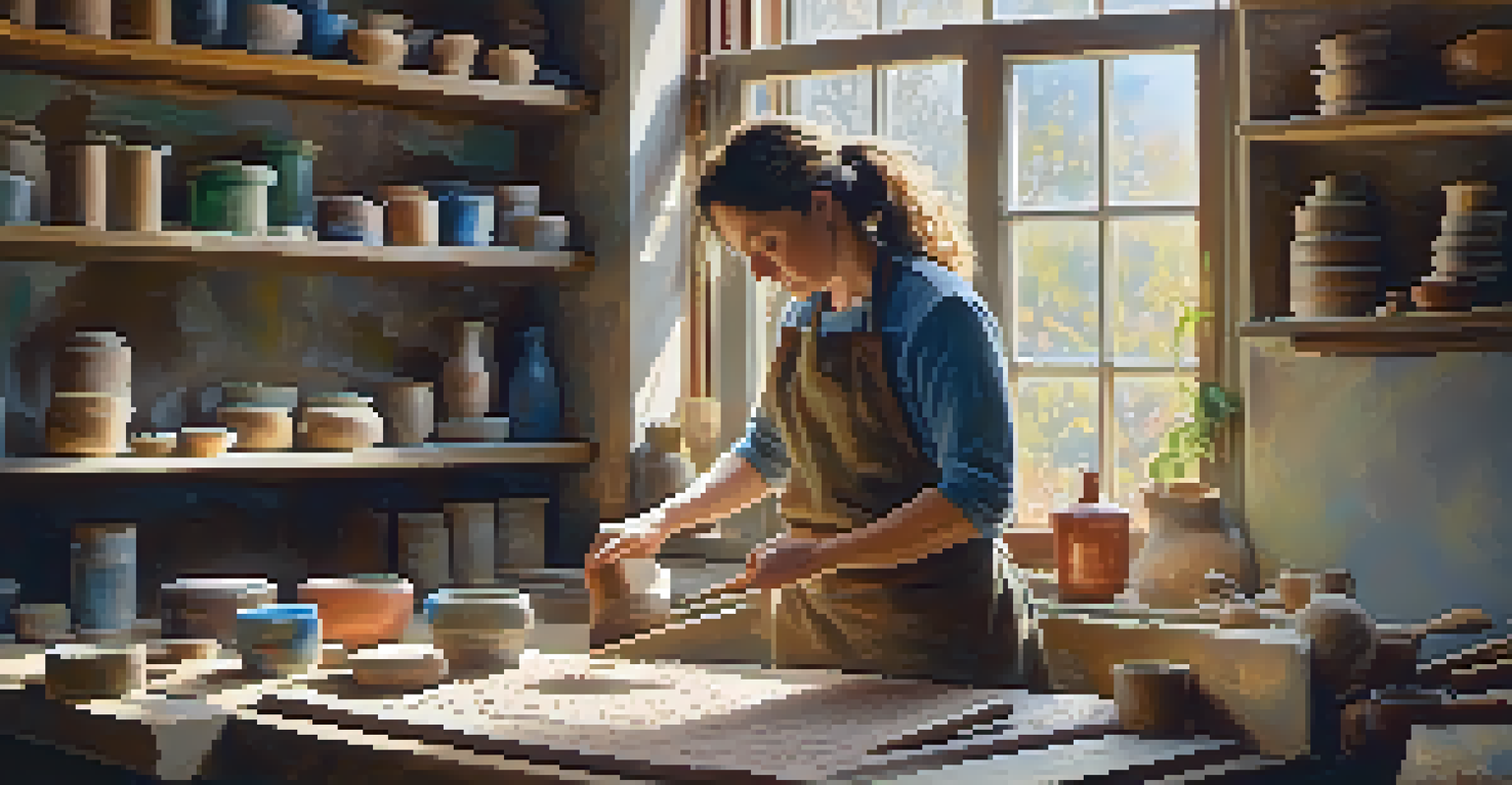 A potter rolling out clay for slab construction in a bright studio filled with tools and colorful glazes.