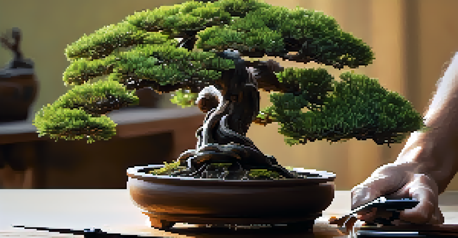 A close-up of a bonsai tree being pruned, showing the delicate leaves and hands holding scissors with a blurred background.