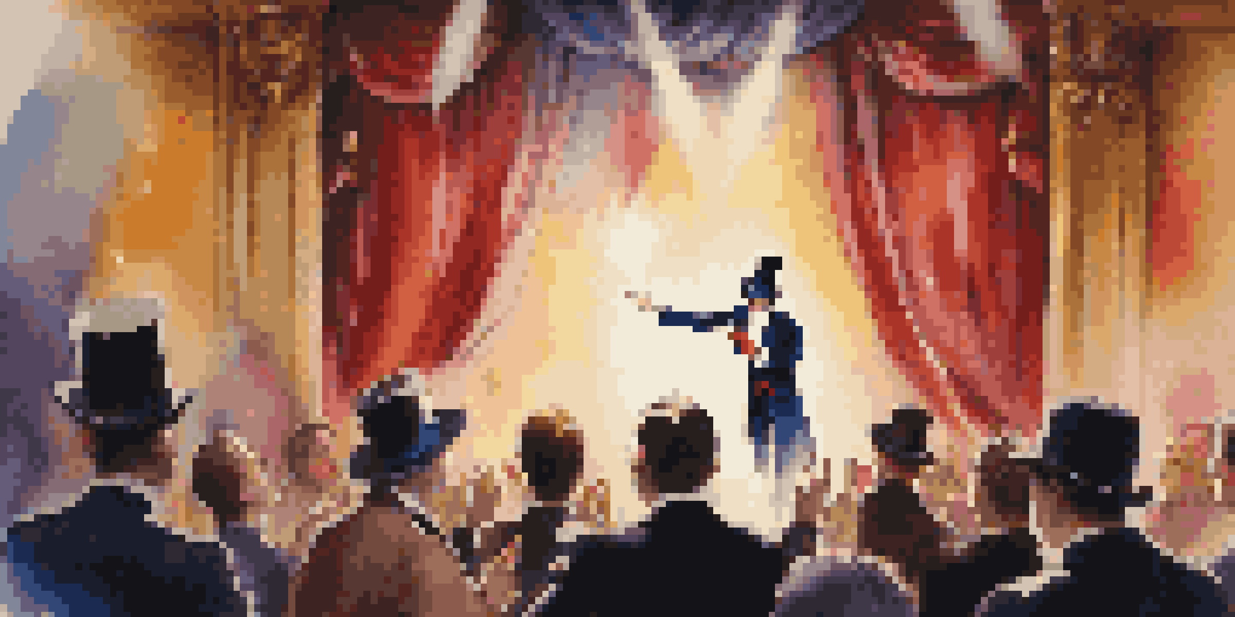 A magician in a tuxedo performing a card trick on stage, surrounded by colorful lights and an amazed audience.