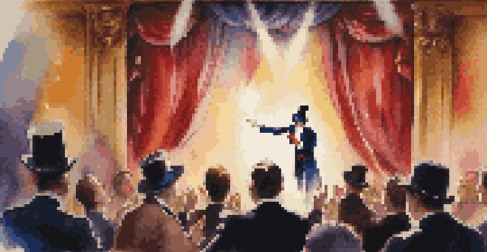 A magician in a tuxedo performing a card trick on stage, surrounded by colorful lights and an amazed audience.