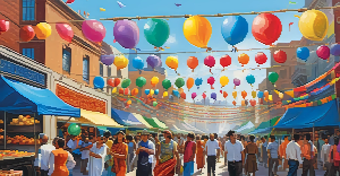 A lively city street filled with people enjoying a festival, colorful banners, and food vendors.