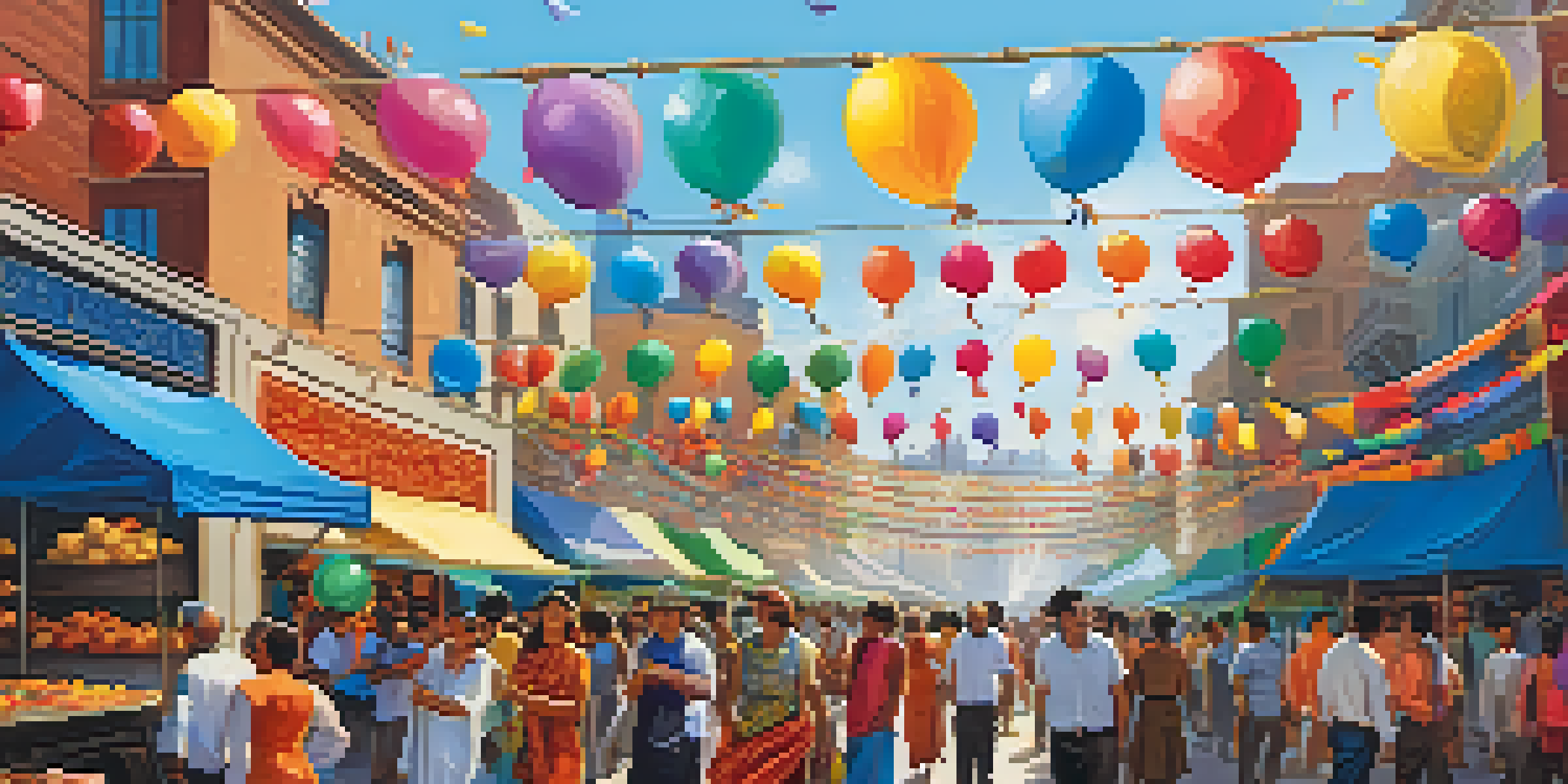 A lively city street filled with people enjoying a festival, colorful banners, and food vendors.