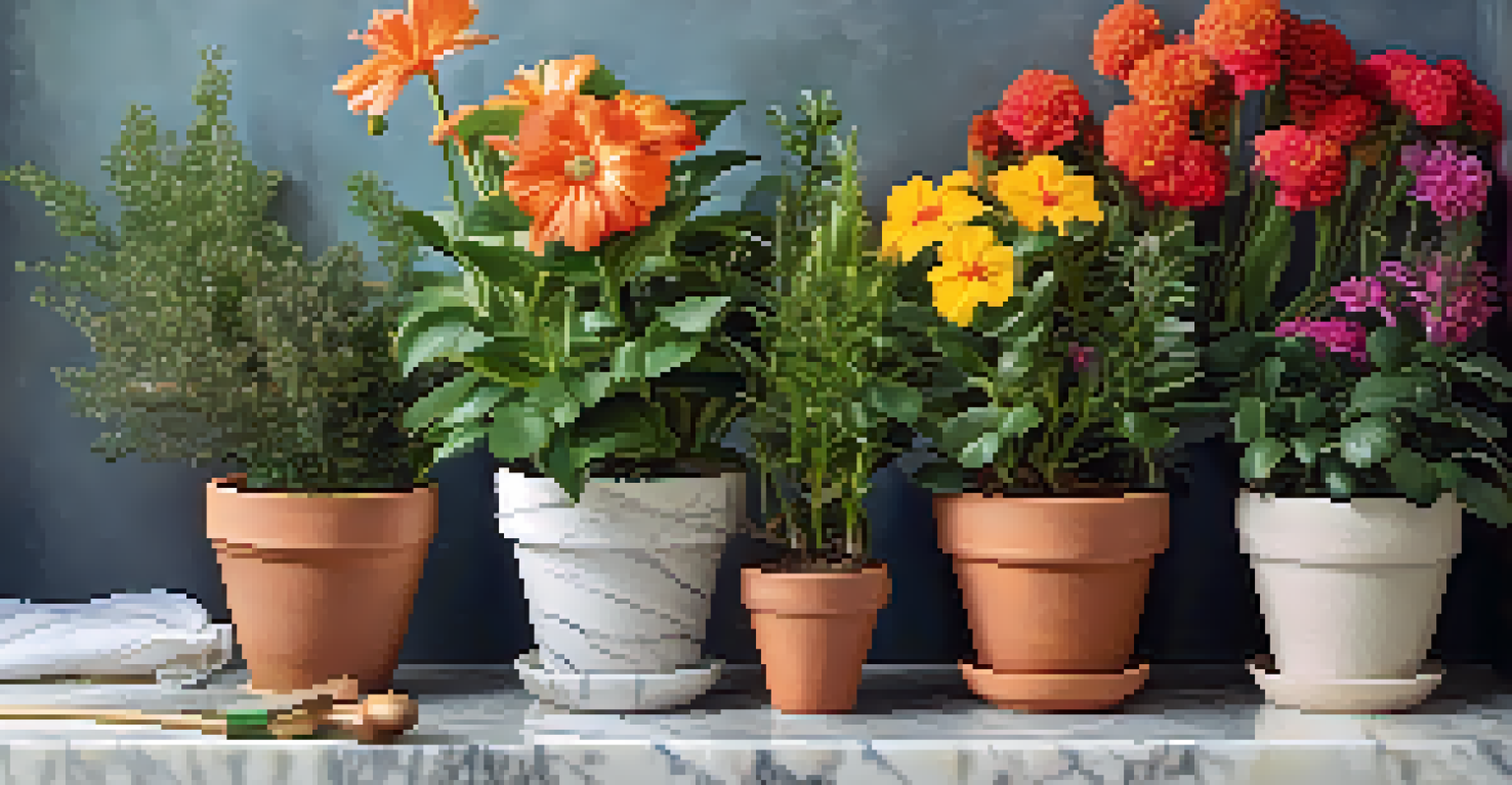 Close-up of terracotta pots with colorful flowers and gardening gloves on a marble countertop.