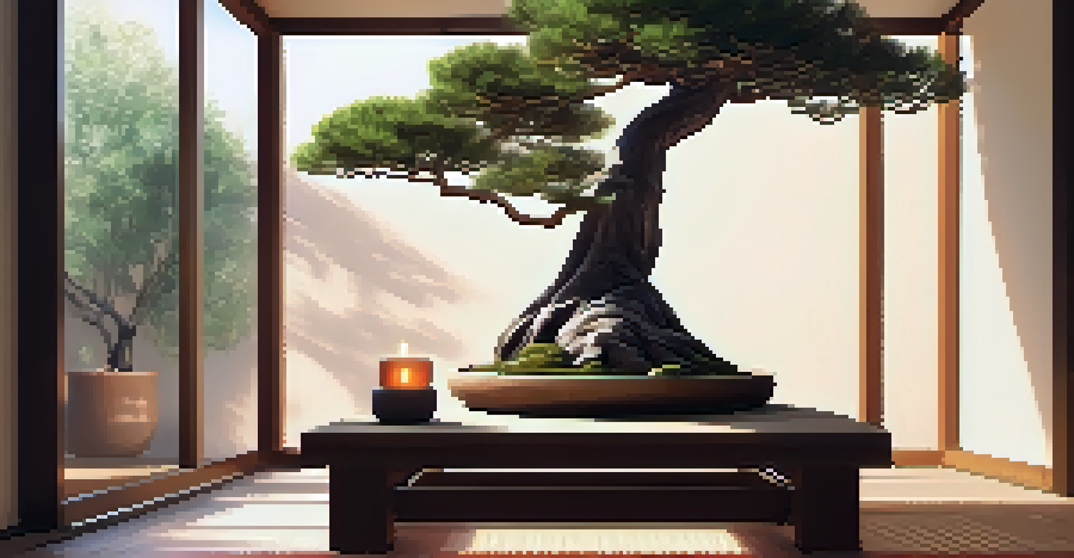 An inviting meditation corner with a bonsai tree on a table, candles, cushions, and gentle sunlight creating a tranquil ambiance.
