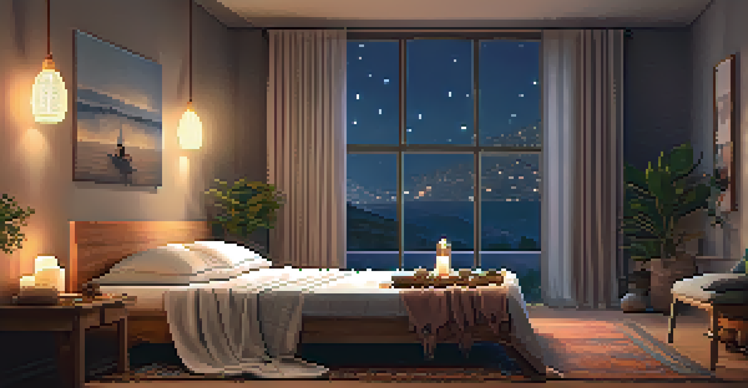 A person practicing restorative yoga in a cozy bedroom, illuminated by soft candlelight.