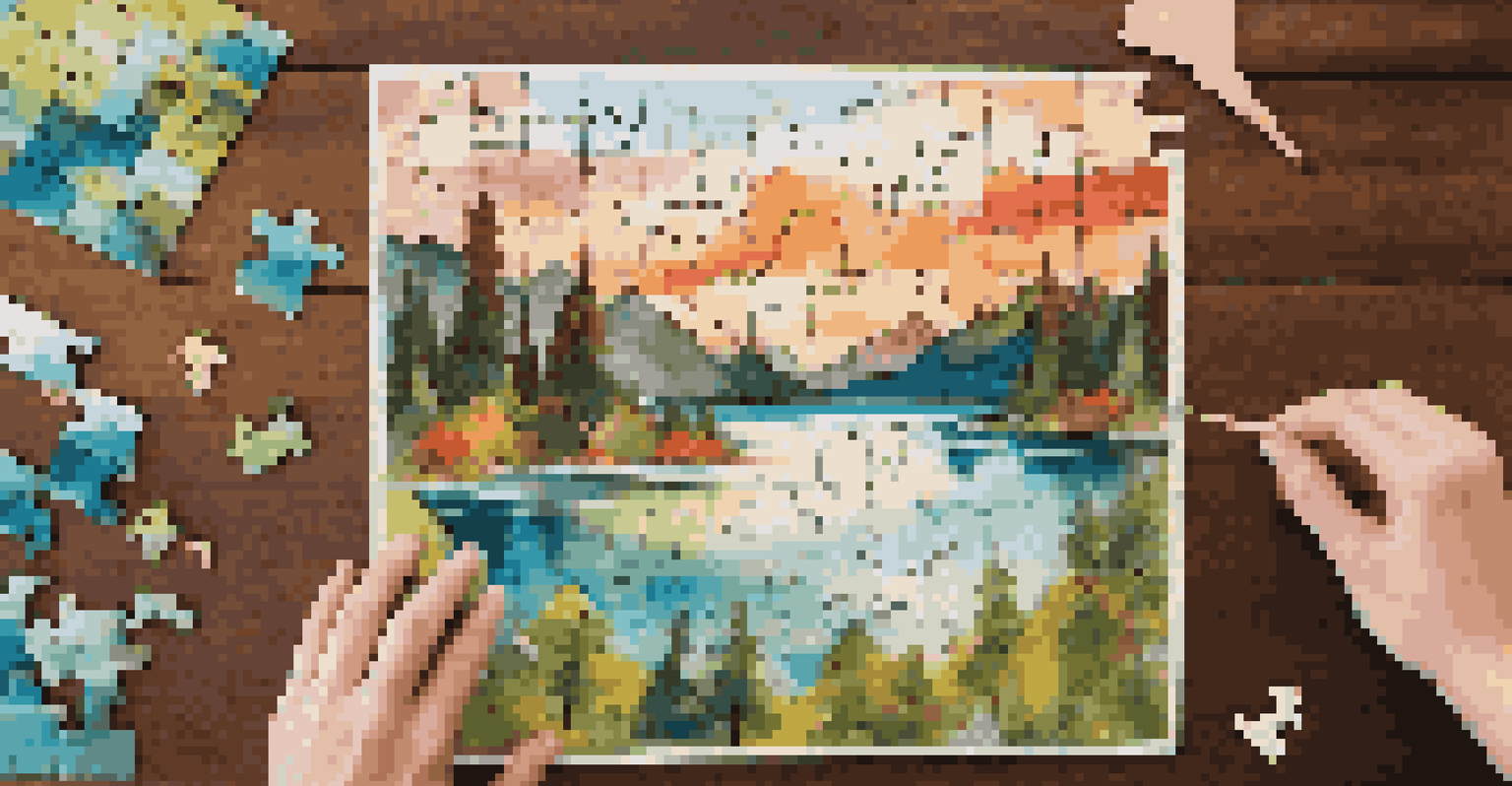 An eco-friendly landscape jigsaw puzzle with scattered pieces on a rustic table, being assembled in warm sunlight.